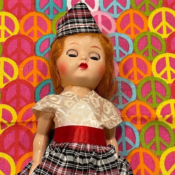 Vintage Vogue Handmade 7.5" doll Black Red Plaid Outfit Eyes Open Close Red Hair - Picture 1 of 3